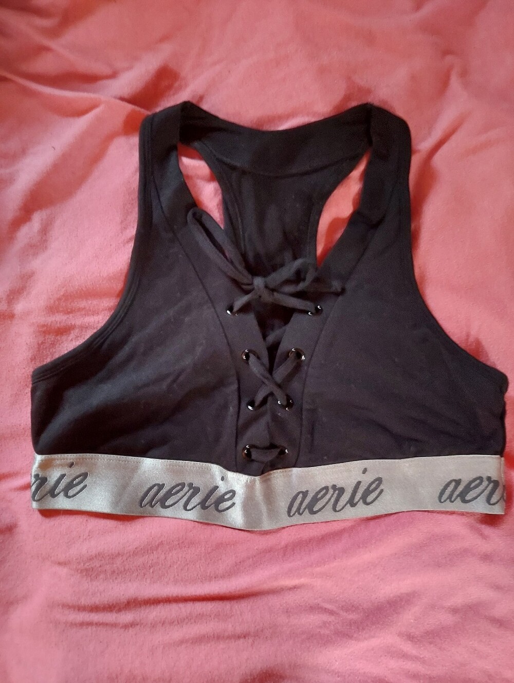 aerie Black Lace-Up Racerback Sports Bralette